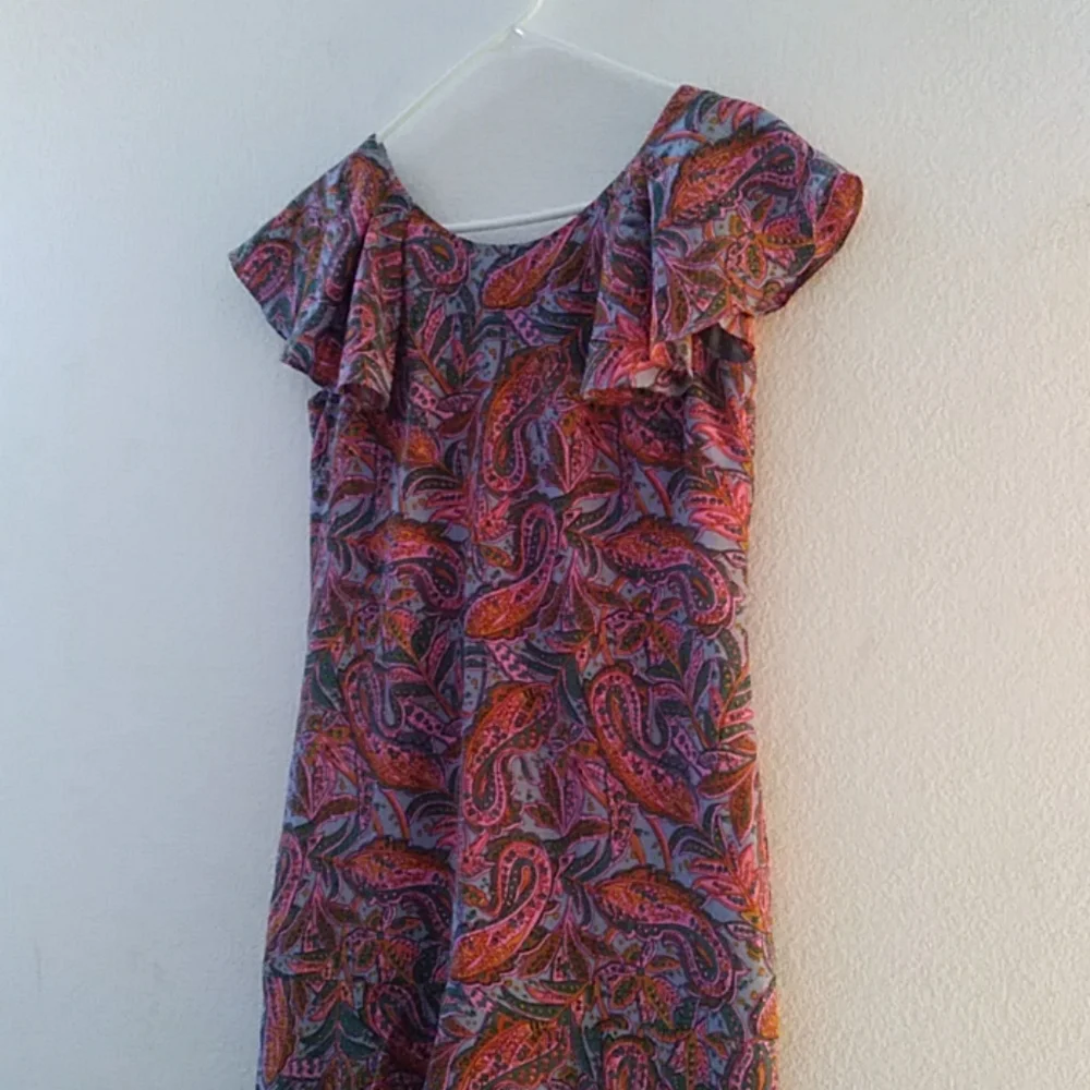 J Crew Purple Pink Paisley Print Silk Flutter Sleeve Dress Sz 00